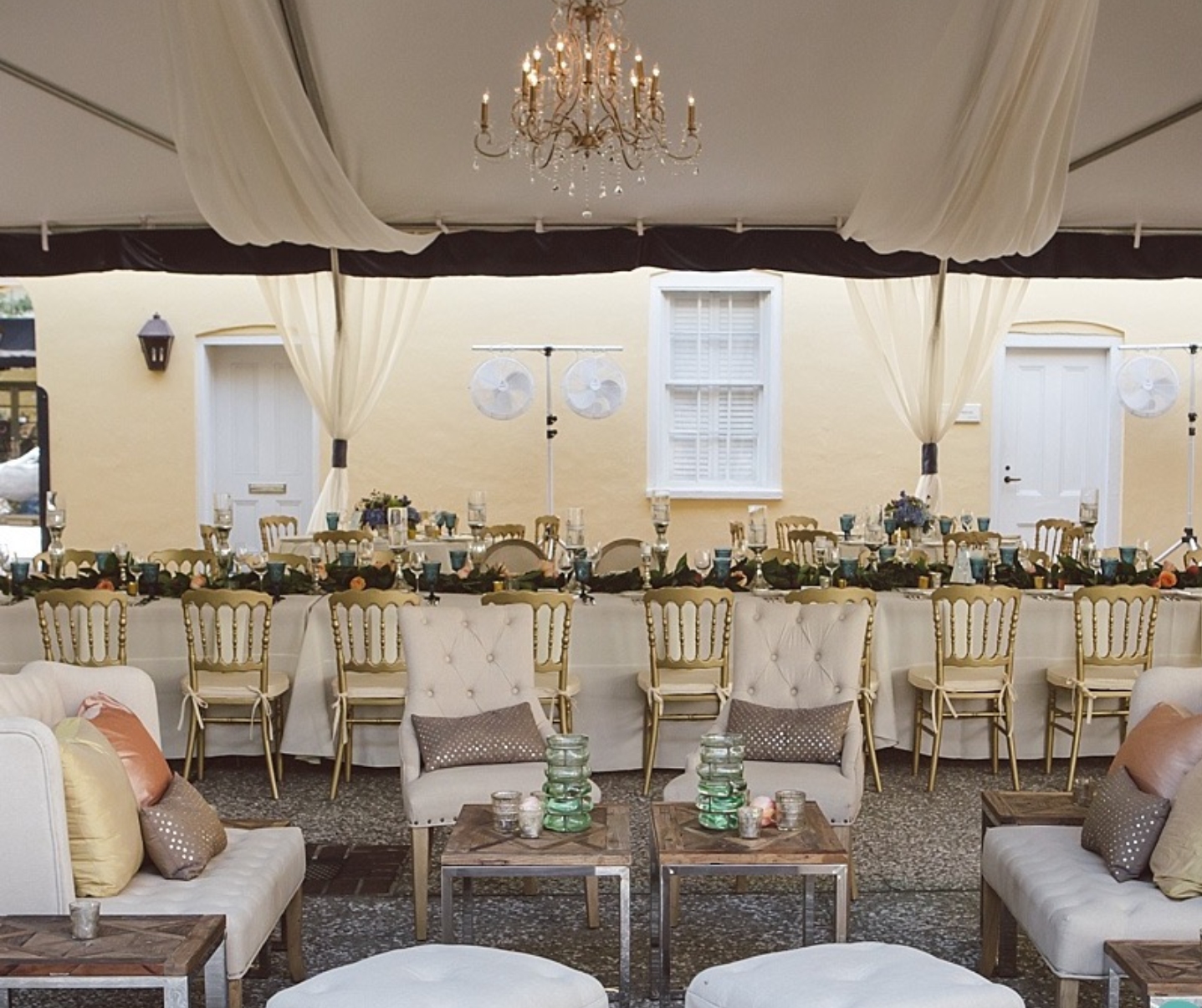 All-Mist misting fans cooling a tented wedding reception